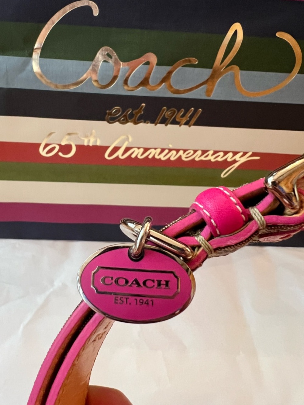 Coach Khaki & Pink Signature Mini C Flower Embellished Dog Collar - Picture 2 of 11